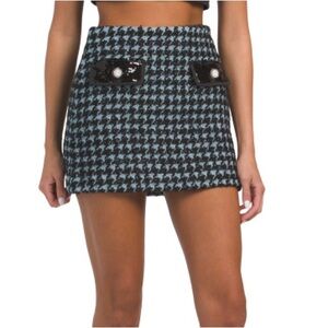 Endless Rose Houndstooth Tweed Mini Skirt | Black & Blue | Sequin Pocket Detail